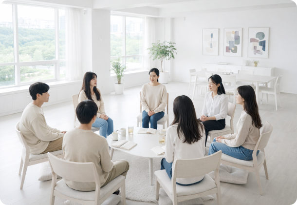 원형으로 앉아 집단 상담을 진행하는 청년들